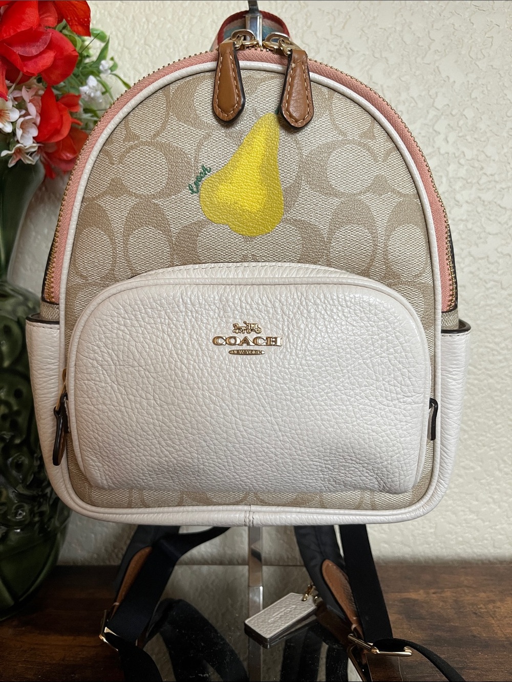 Coach Mini Court Backpack In Signature Canvas With Pear Light Khaki Chalk Multi